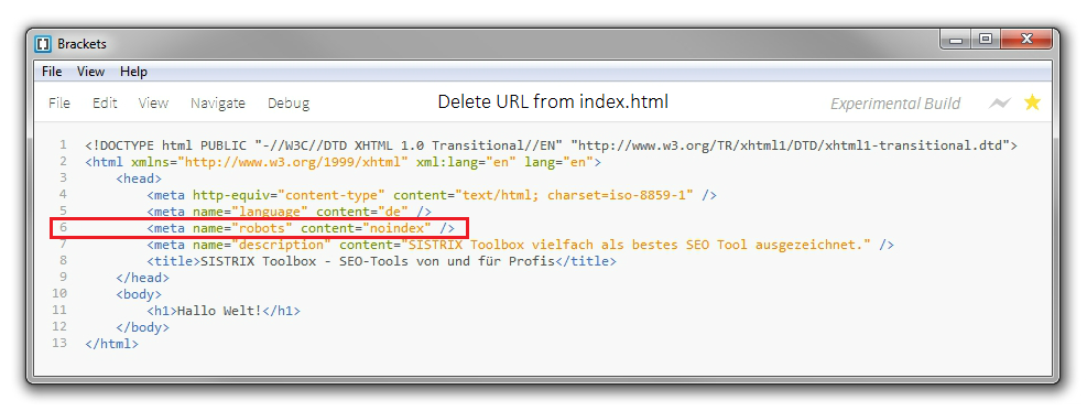 Example of the robots meta element in code