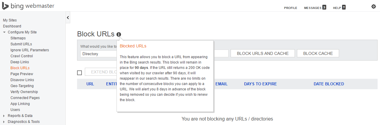 Opzione degli Bing Webmaster Tools per bloccare l'indicizzazione di un URL