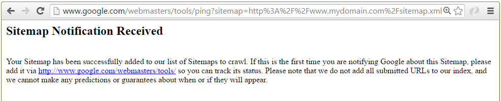 Confirmation of your sitemap submission via ping command