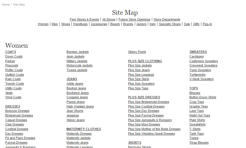 La boutique en ligne Nordstrom fournit à ses visiteurs un sitemap HTML soigneusement présenté