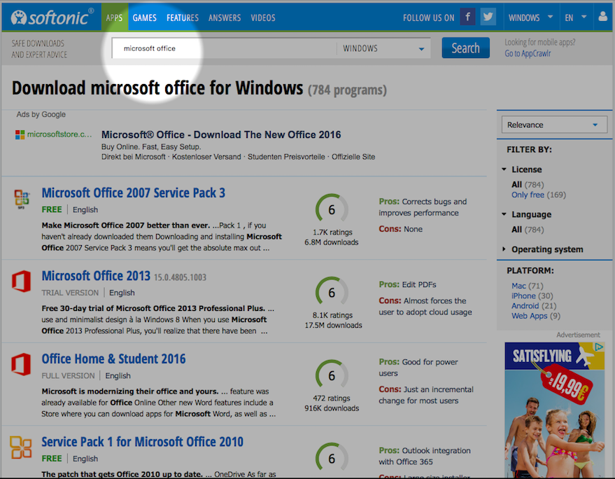 Die URL http://en.softonic.com/s/microsoft-office/ zeigt das Ergebnis einer internen Suche auf Softonic für das Keywort "microsoft office"
