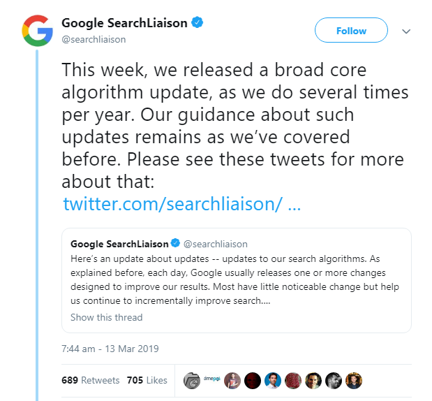 Tweet relativo all'ultimo aggiornamento di Google