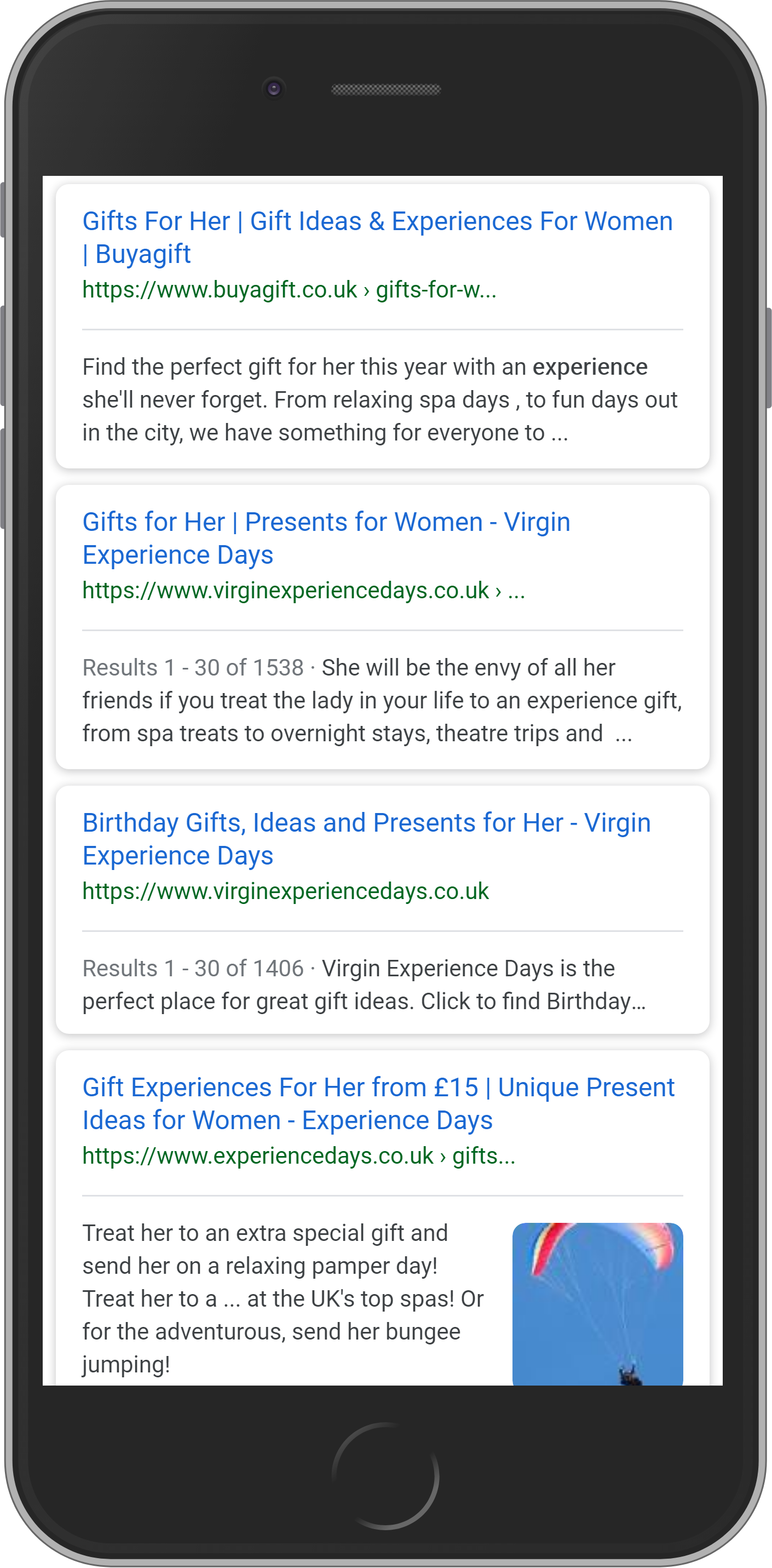 Example of organic search results