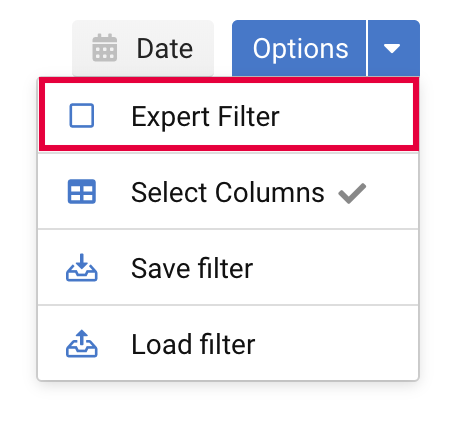 Table options for the keyword table. They can be found in the top navigation besides "date". The "Expert Filter" option is selected.