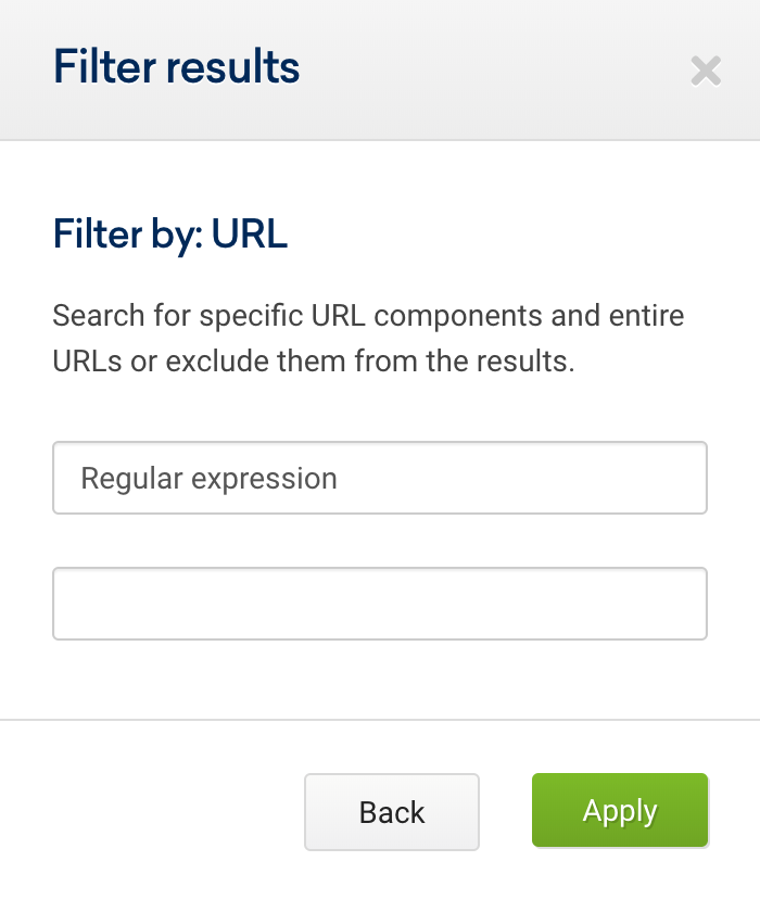 Filter Results box for the SISTRIX Toolbox keyword table. The filter is set to "URL" and then "Regular expression". 
