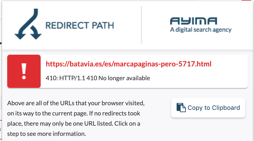 Use Redirect Path to analyse a URL and detect 410 errors.