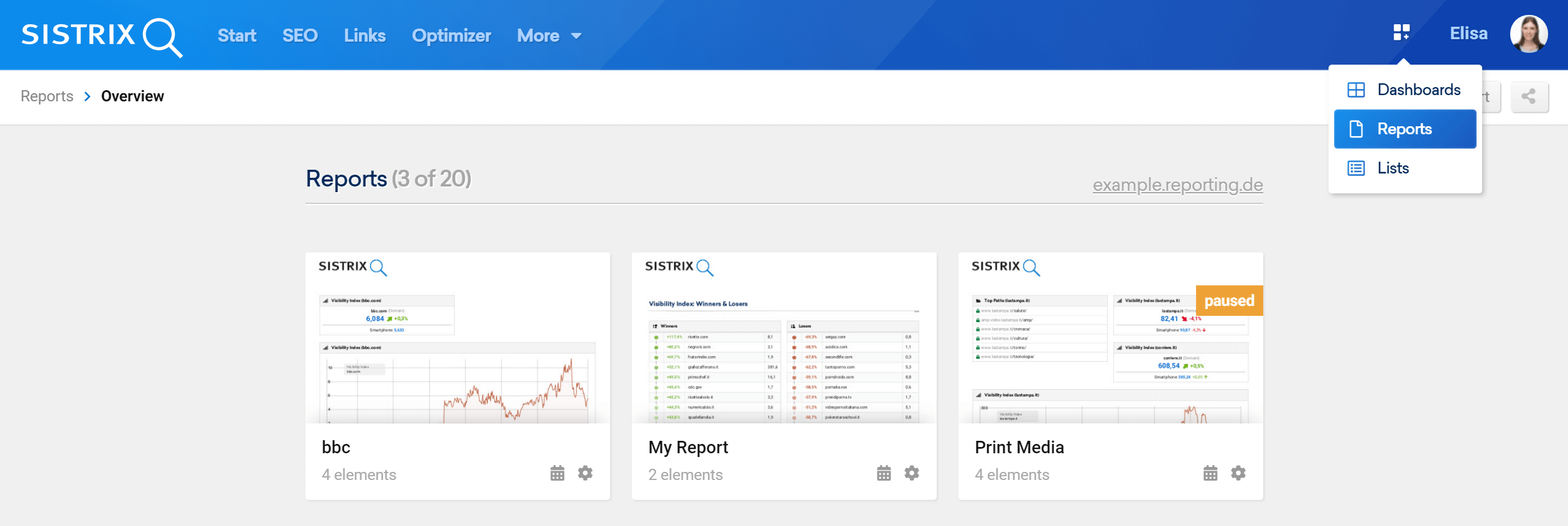 SISTRIX Toolbox: overview page for reports