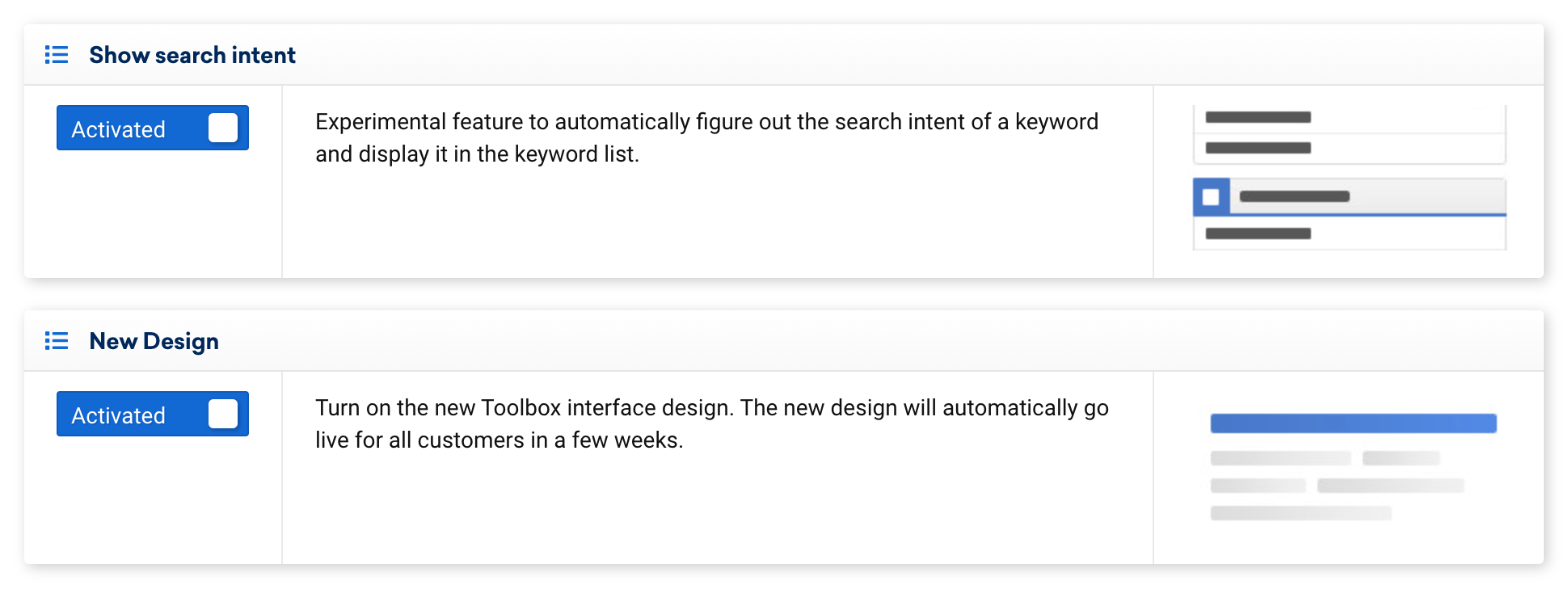 Screenshot from the SISTRIX labs page. Two beta features are shown, with a description of what they do as well as the activate-deactivate toggles.