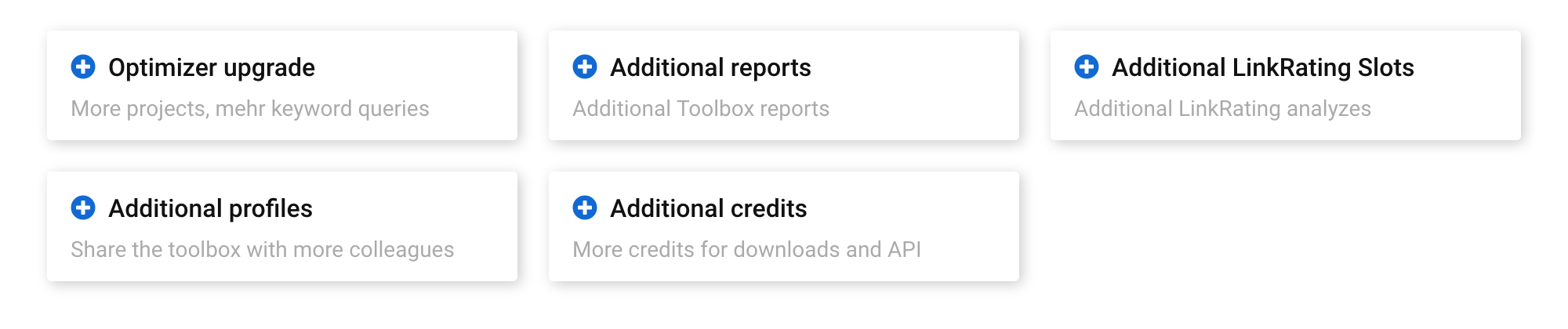 Screenshot of the modul page, with the other upgrade options that are available: optimizer upgrades, additional reports, additional LinkRating slots, additional profiles and additional credits.
