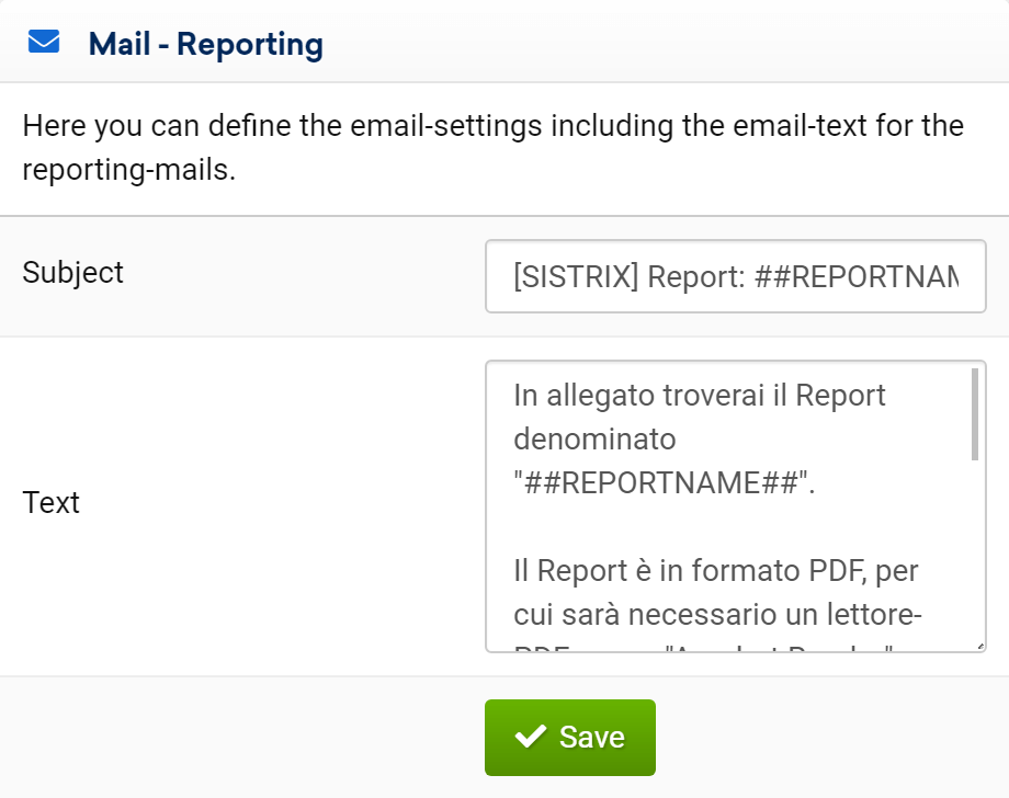 SISTRIX Report: changing the email in template design for reports