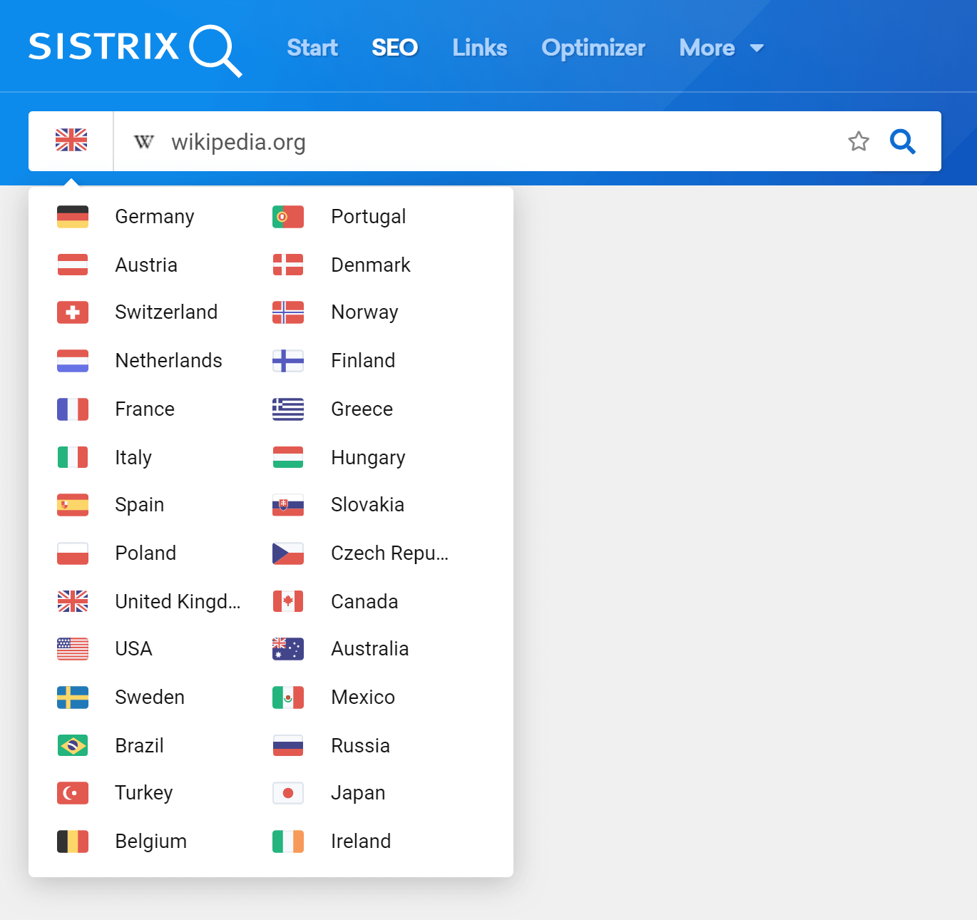 Change the flag in front of the domain to analyze the data for that specific Country in the SÍSTRIX Toolbox