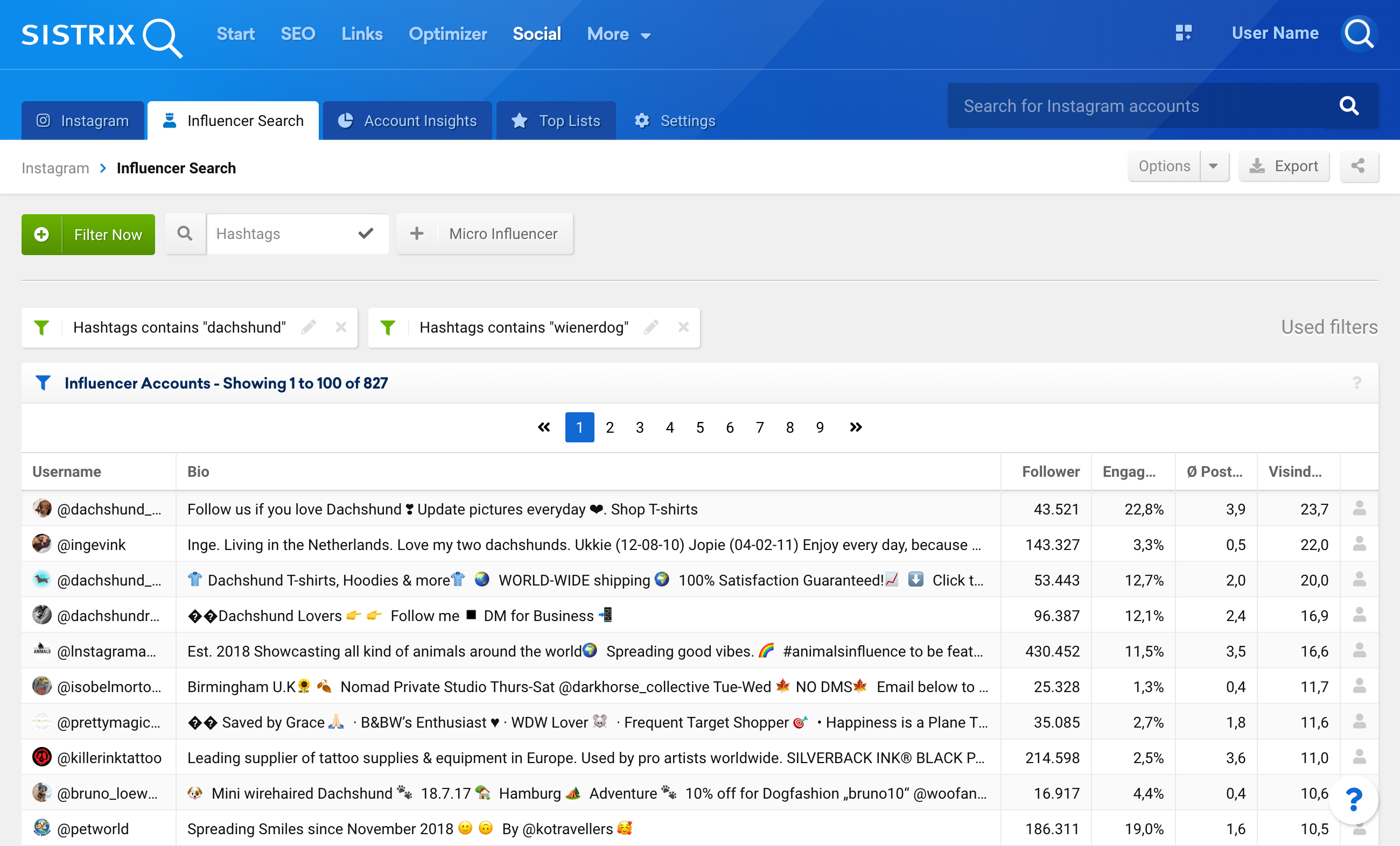 Results table in the SISTRIX Influencer Search for Instagram. There are two filters set: hashtag contains dachshund and hashtag contains wienerdog. The table shows 827 results in total.