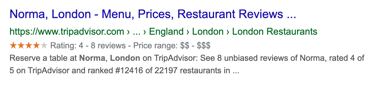 Google search result for a restaurant in London on the domain tripadvisor.com. The result shows a rating of 4 our of 5 stars.