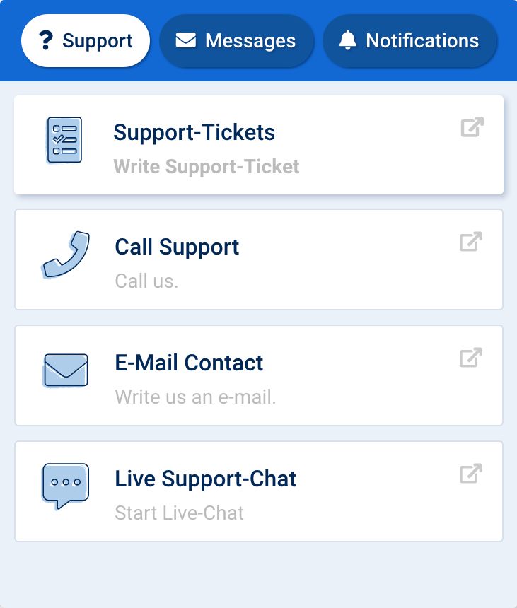 Image of the support button interface within the Toolbox. In the first tab, support, you can choose how to contact the SISTRIX Support. By ticket, phone, email or live-chat.