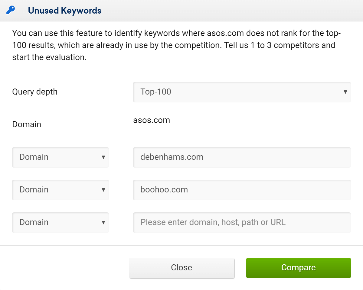 In this window you can put the competitors you want to compare in order to see the unused keywords