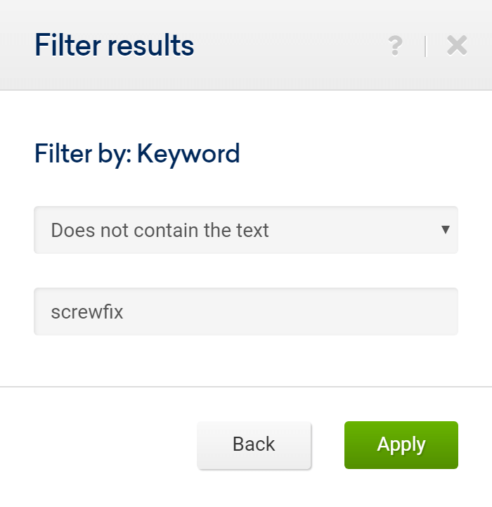 Filter to exclude a specific text from the keywords in the table