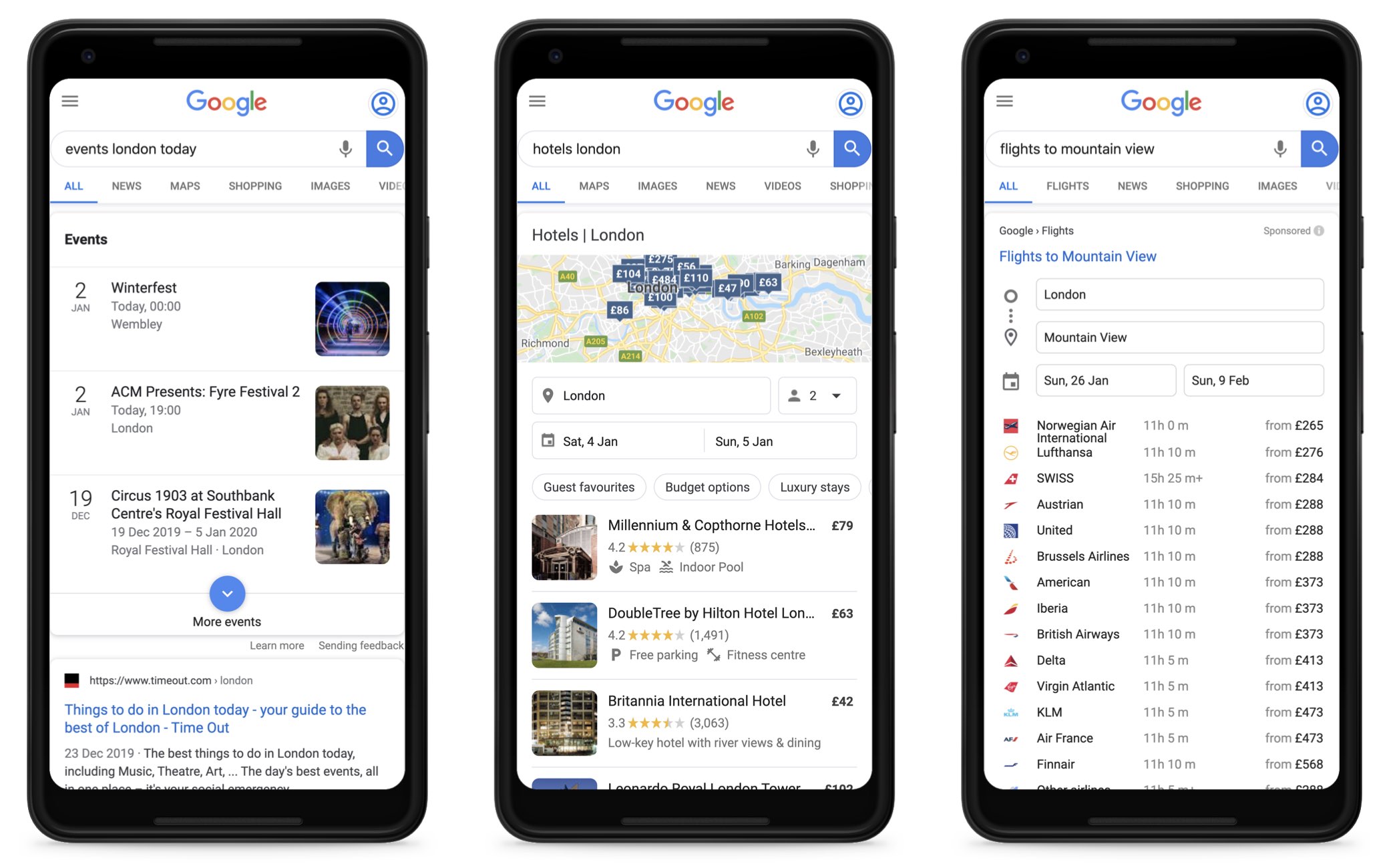 Three screenshots with Google searches on a smartphone screen. The first is for "events london today", the second for "hotels london" and the third for "flights to mountain view". Each time, a Google owned information box for each industry is shown.