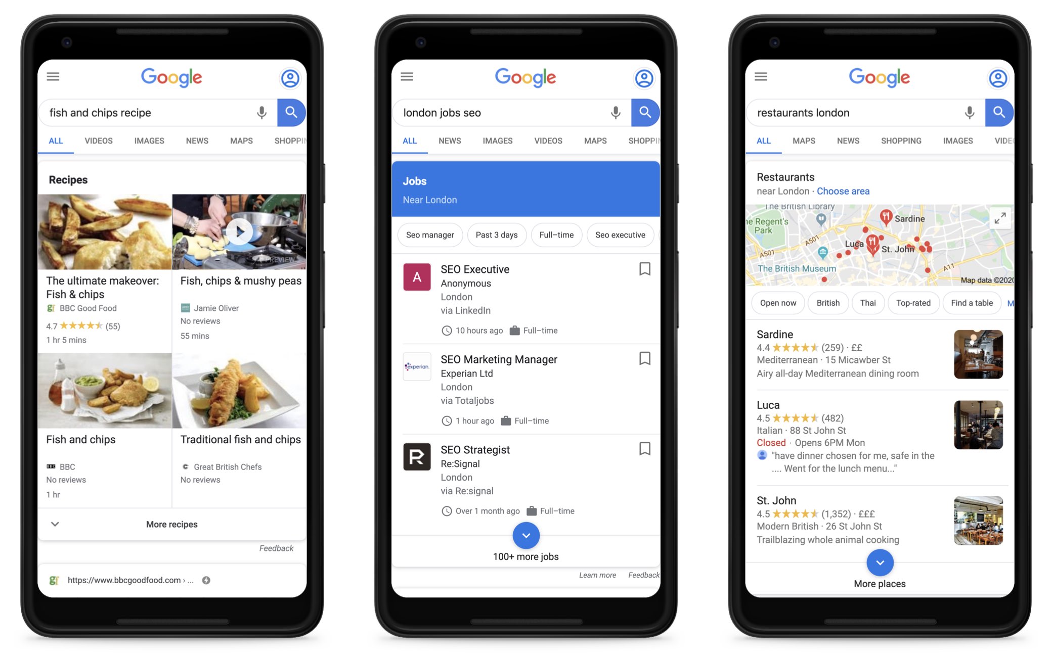 Three screenshots with Google searches on a smartphone screen. The first is for "fish and chips recipe", the second for "london jobs seo" and the third for "restaurants london". Each time, a Google owned information box for each industry is shown.