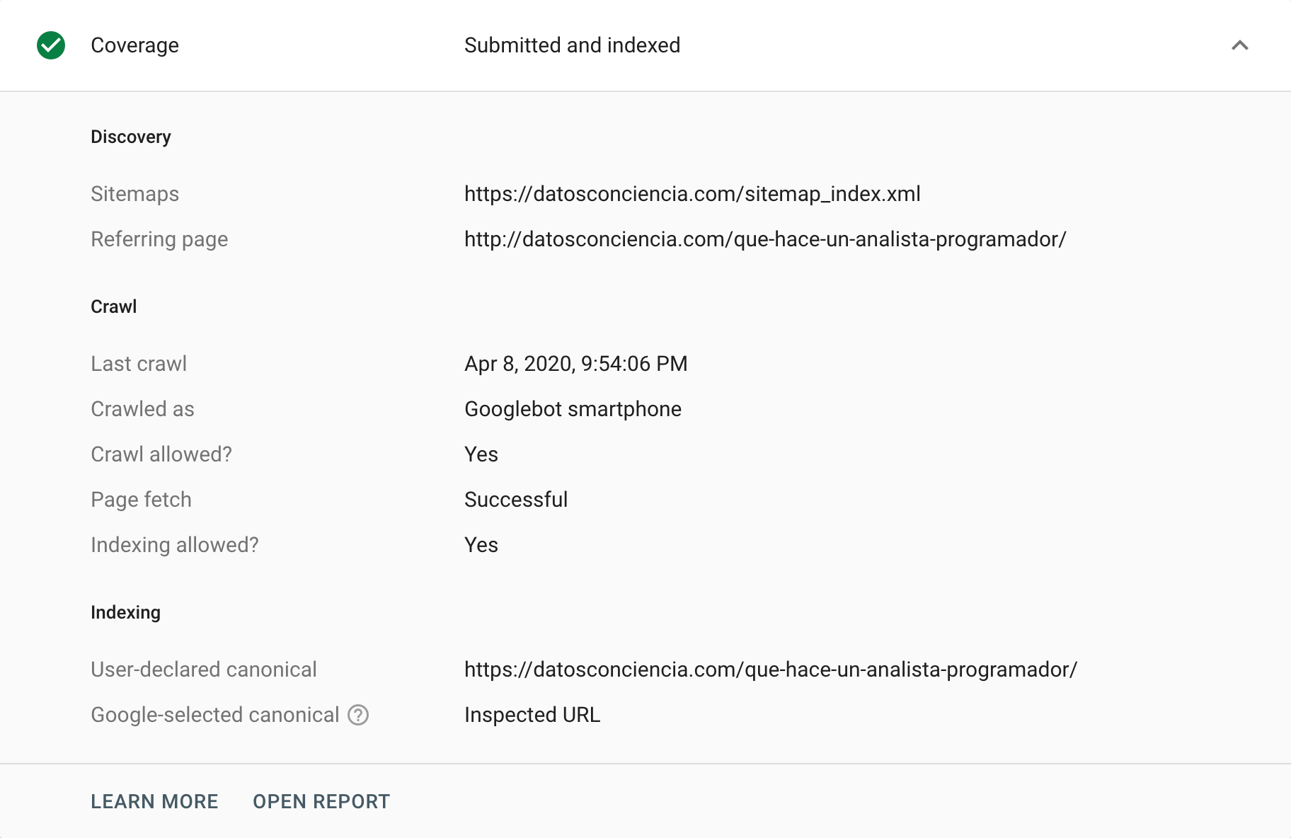 Url Inspection Tool of Google Search Console