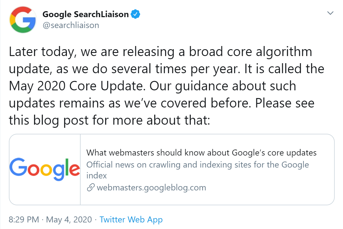 Core Update May 2020 Twitter announcement