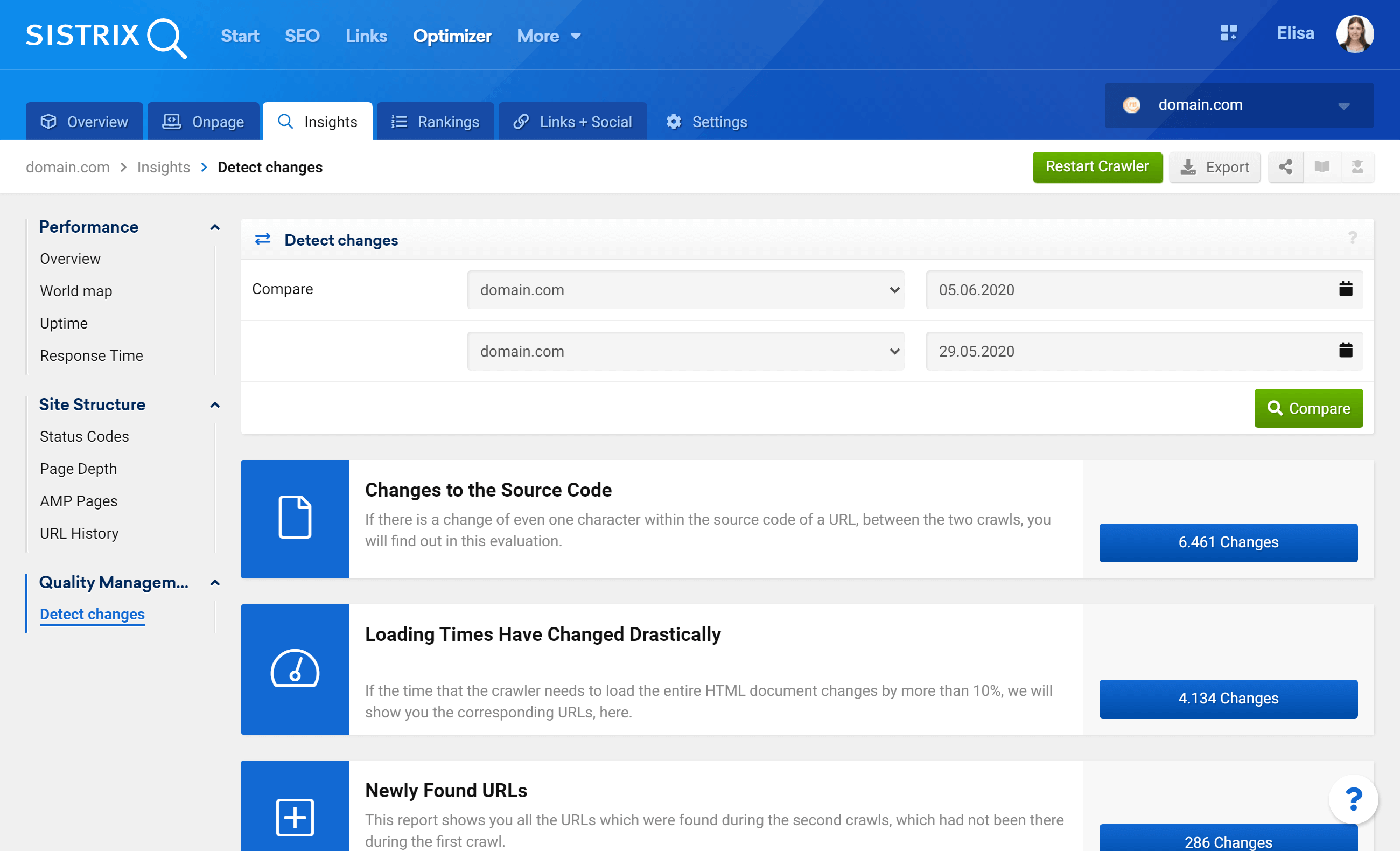 The feature "Detect changes" in the SISTRIX Optimizer