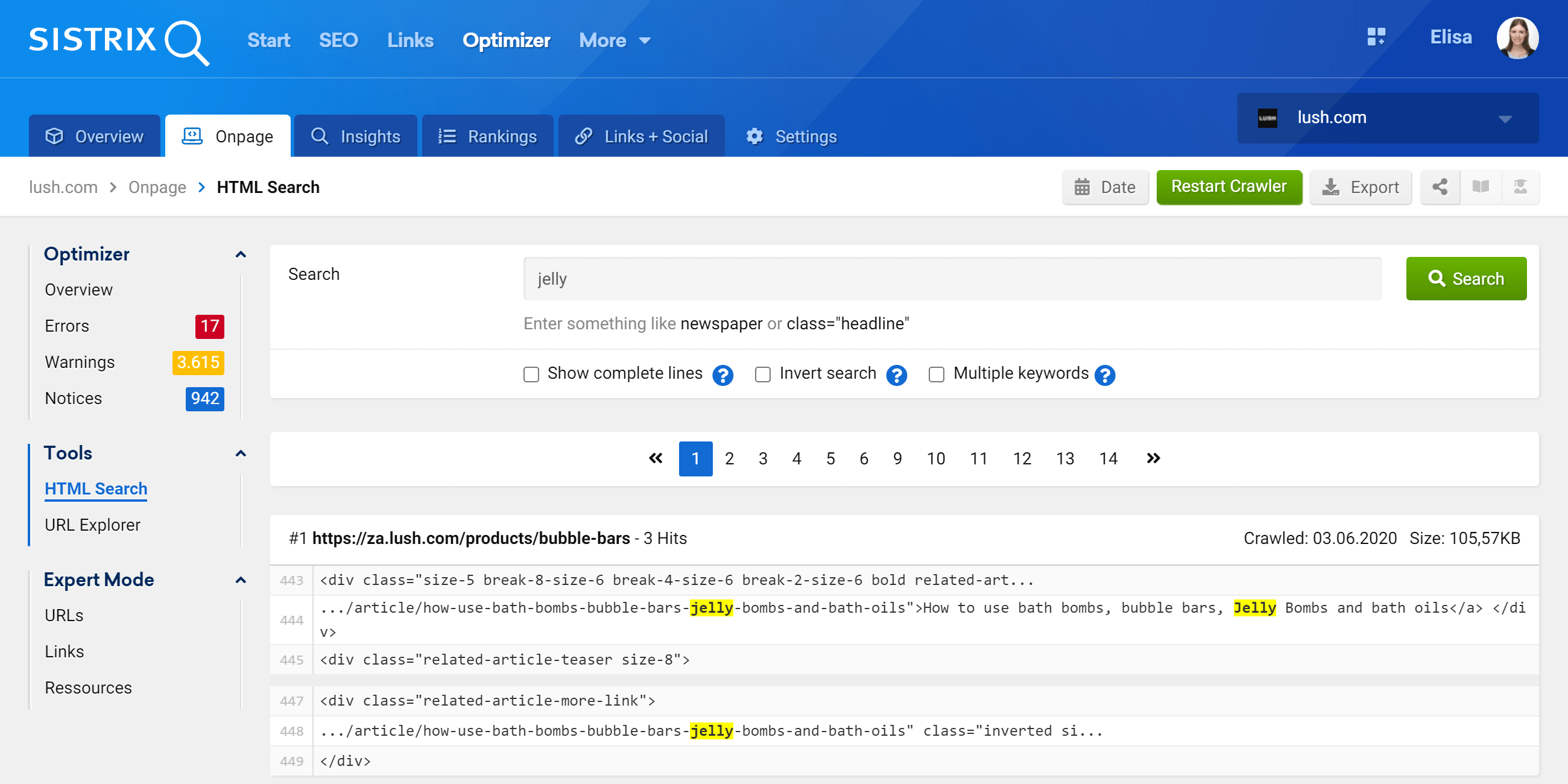 HTML Search in the SISTRIX Optimizer