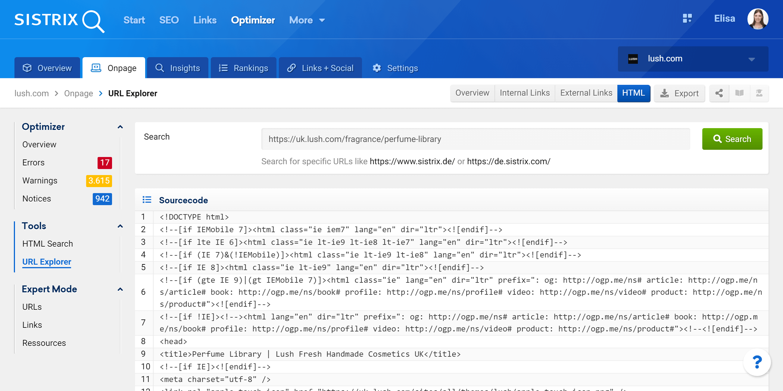 The feature URL Explorer lets you see the Source Code of a URL - SISTRIX Optimizer