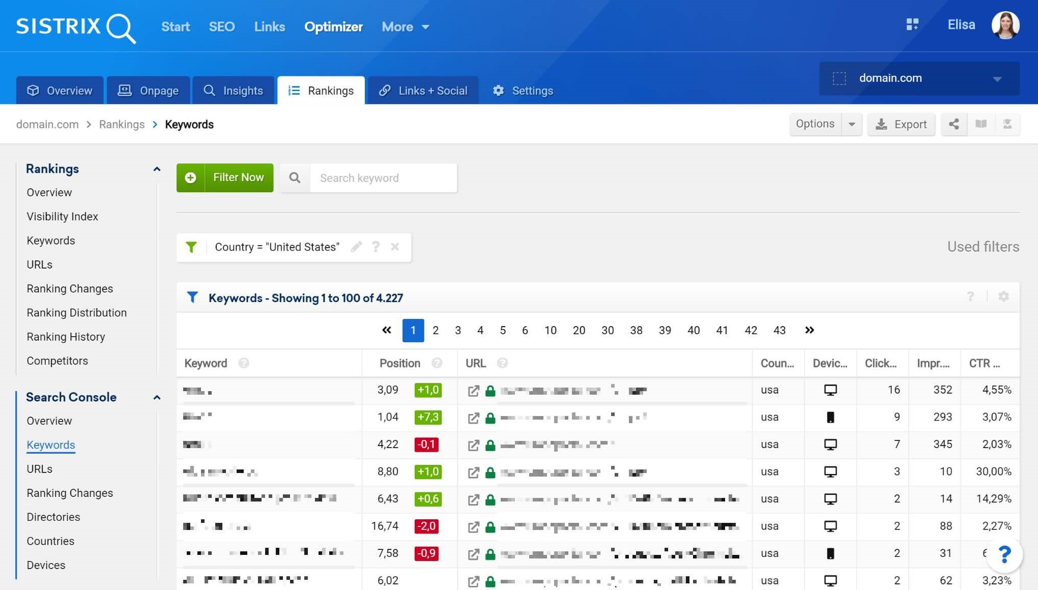 The Search Console keyword section of the SISTRIX Optimizer