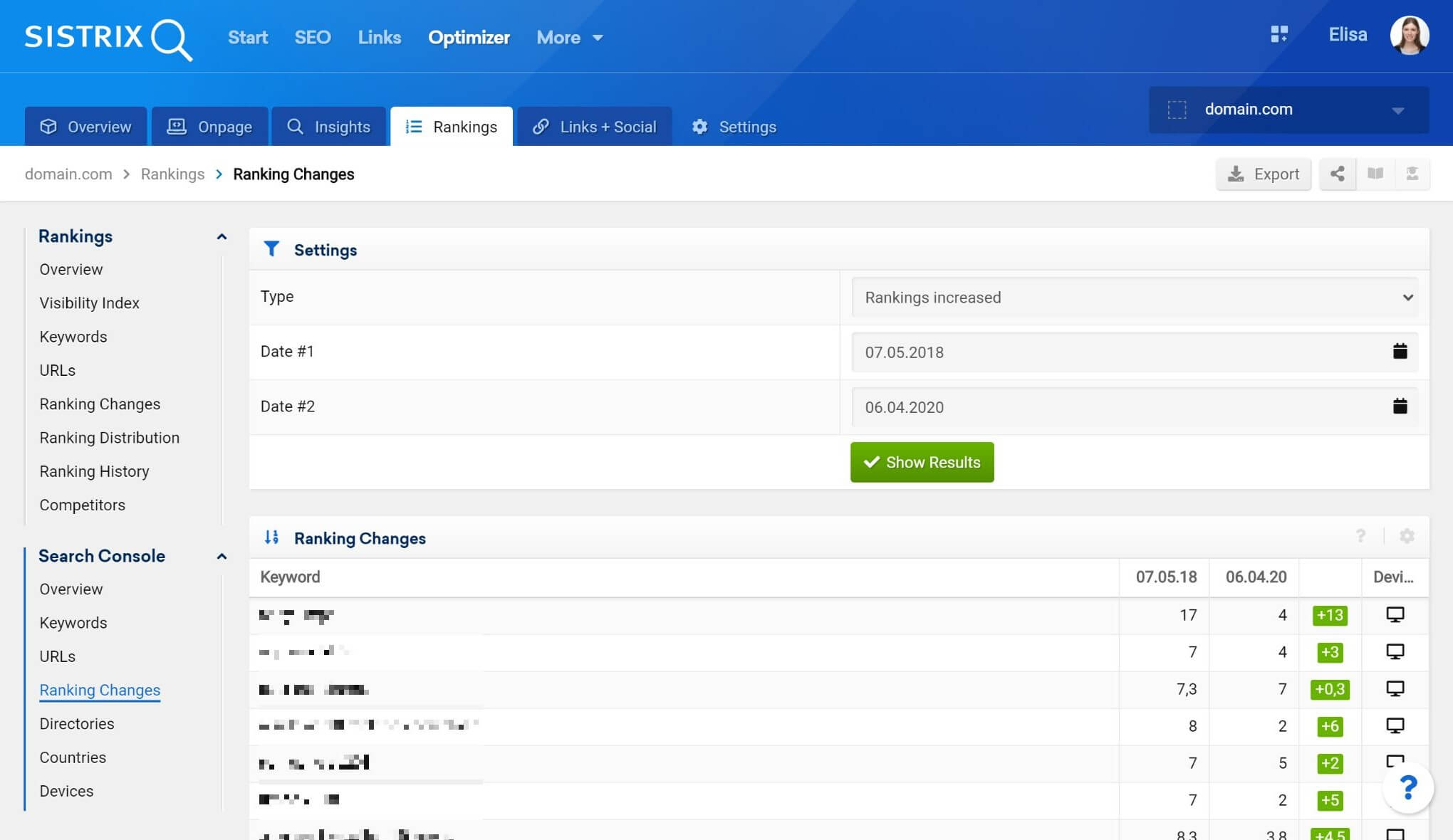Search Console ranking changes inside the SISTRIX Optimizer