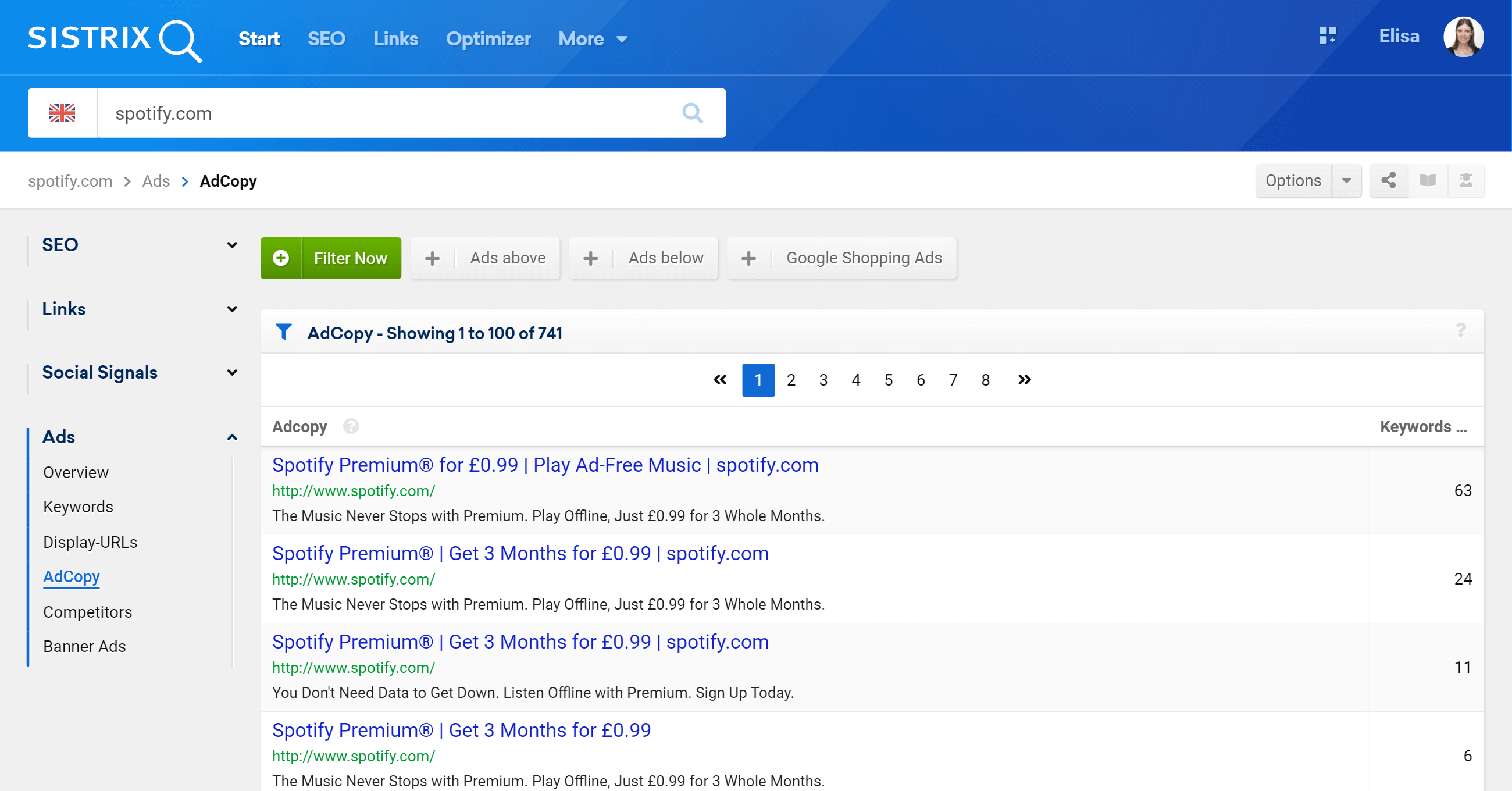 The feature AdCopy inside the SISTRIX Ads Module