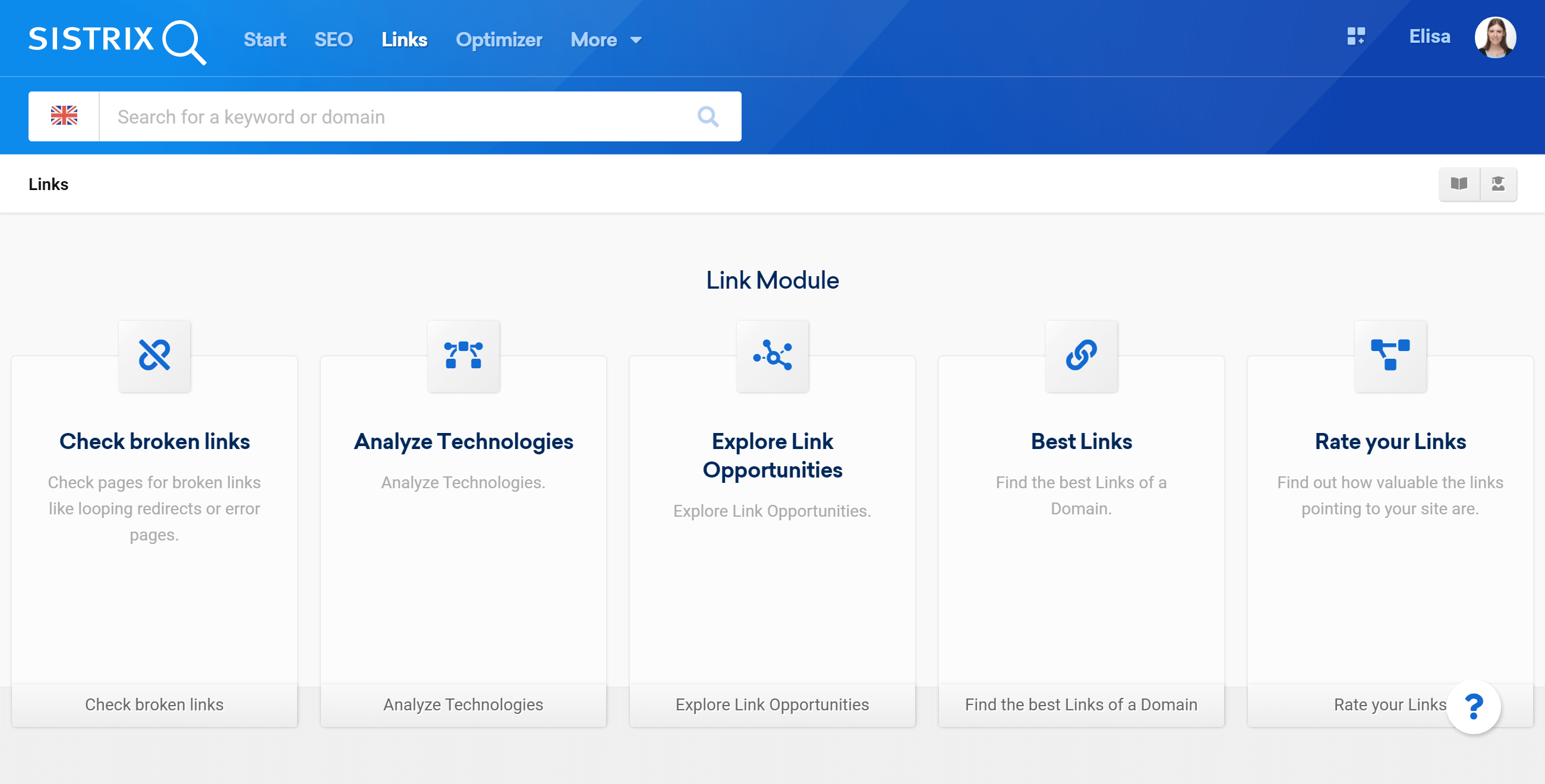 Startpage of the Link Module in the SISTRIX Toolbox