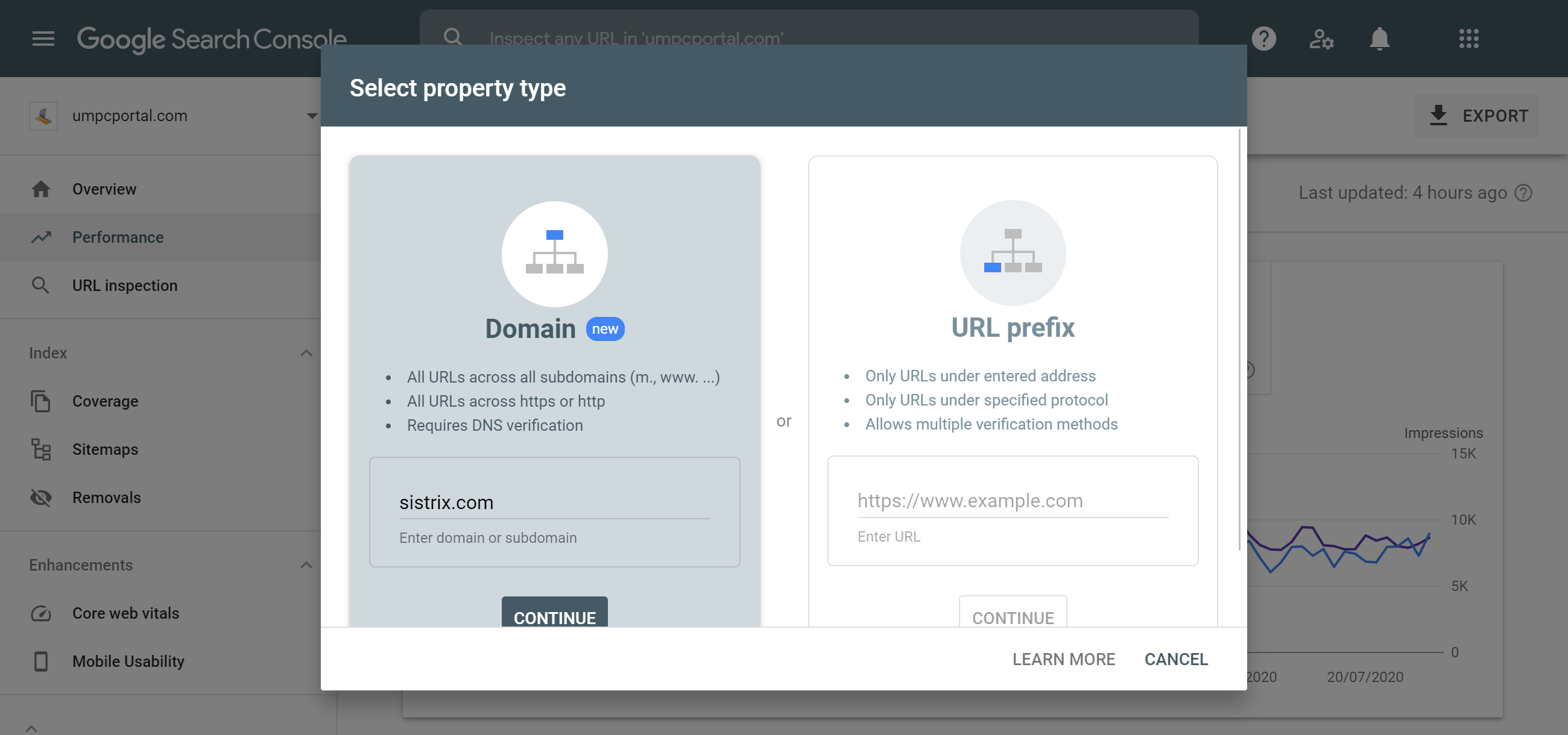 Google Search Console Add Property feature.