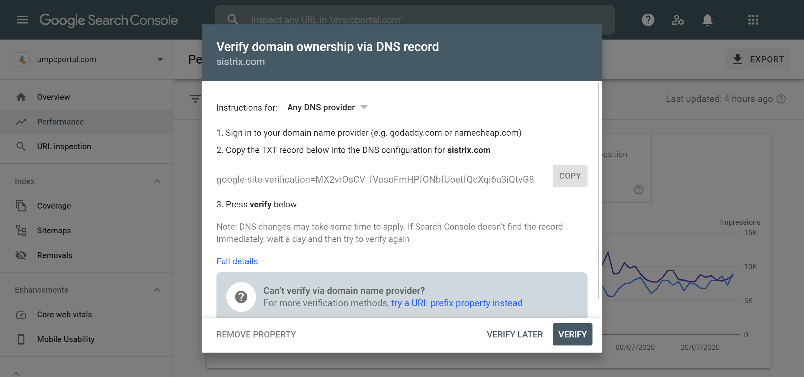 Google Search Console Add Property feature.