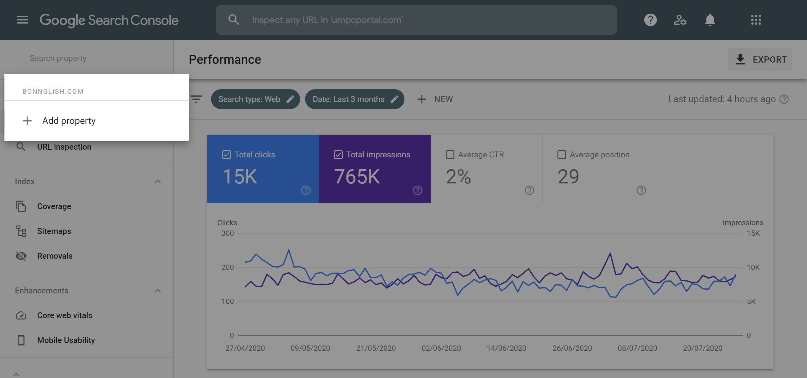 Google Search Console Add Property feature.