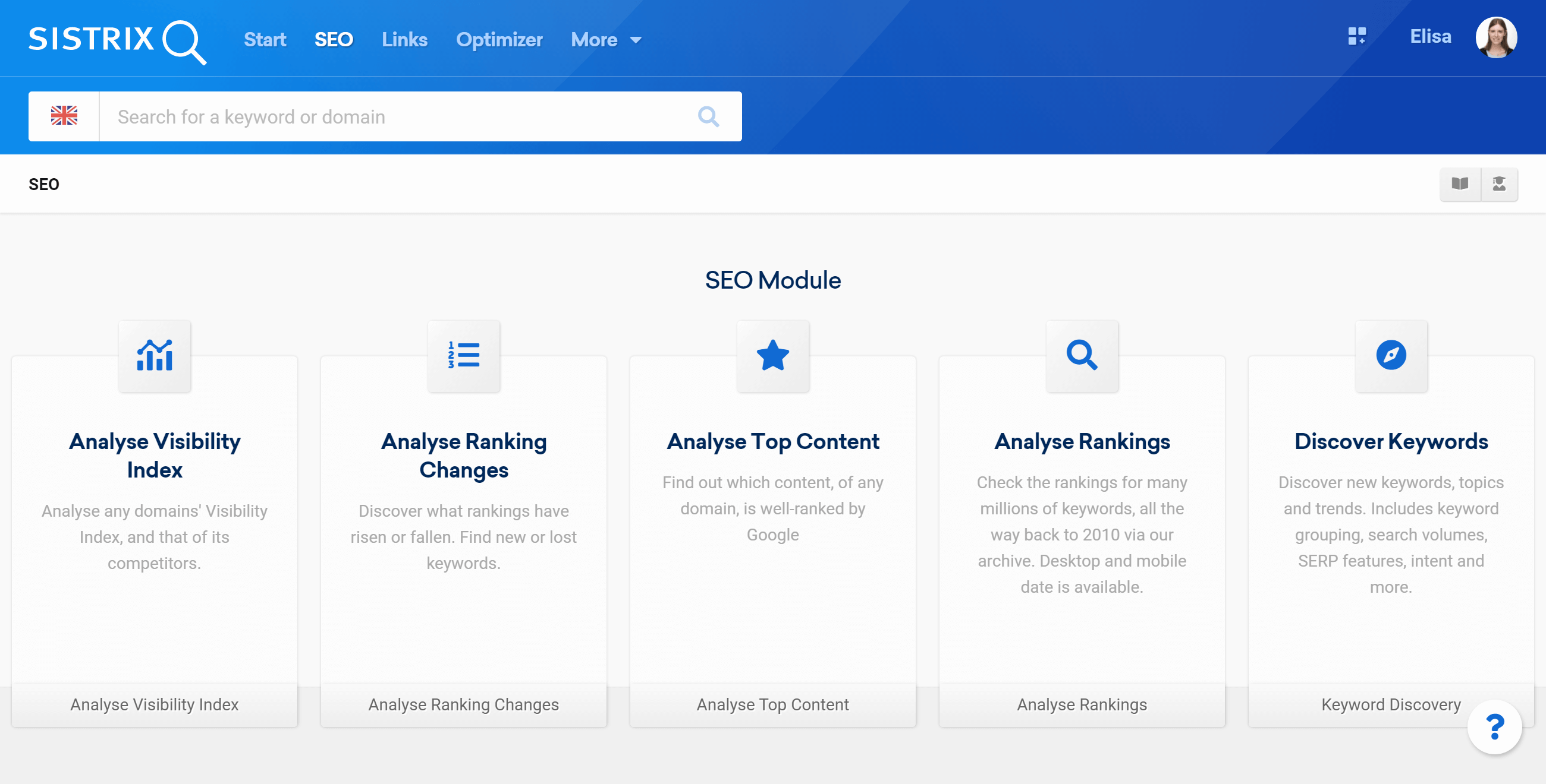 Startpage of the SEO Module in SISTRIX