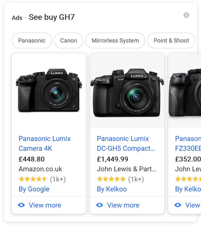 Example search result with Google Shopping boxes