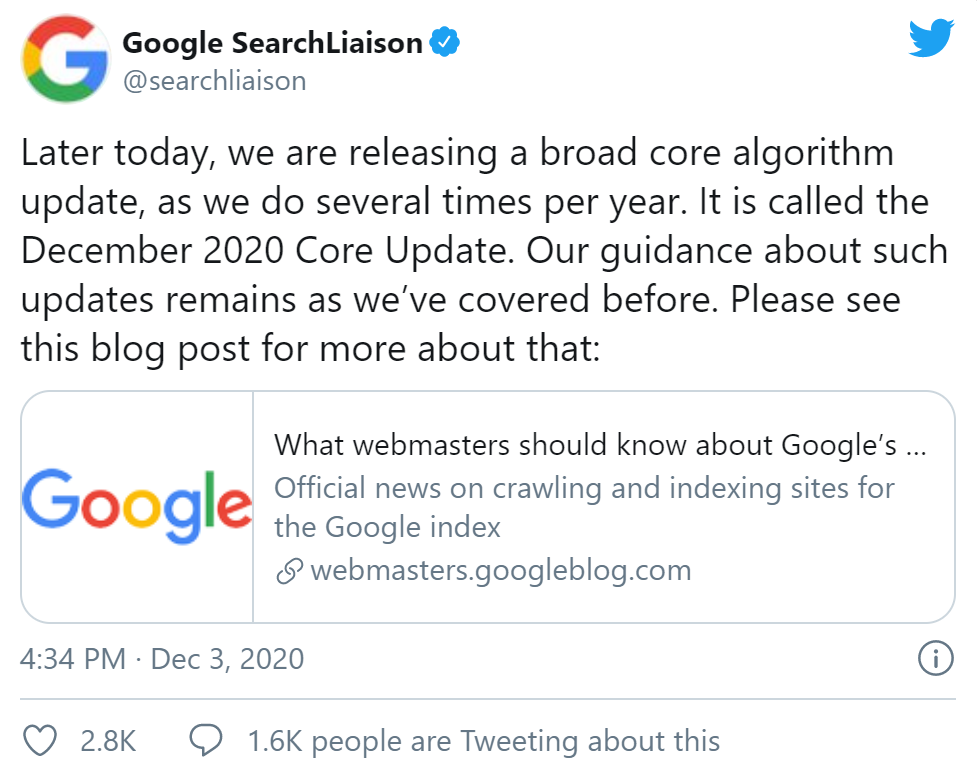 Image of the core update tweet from Google