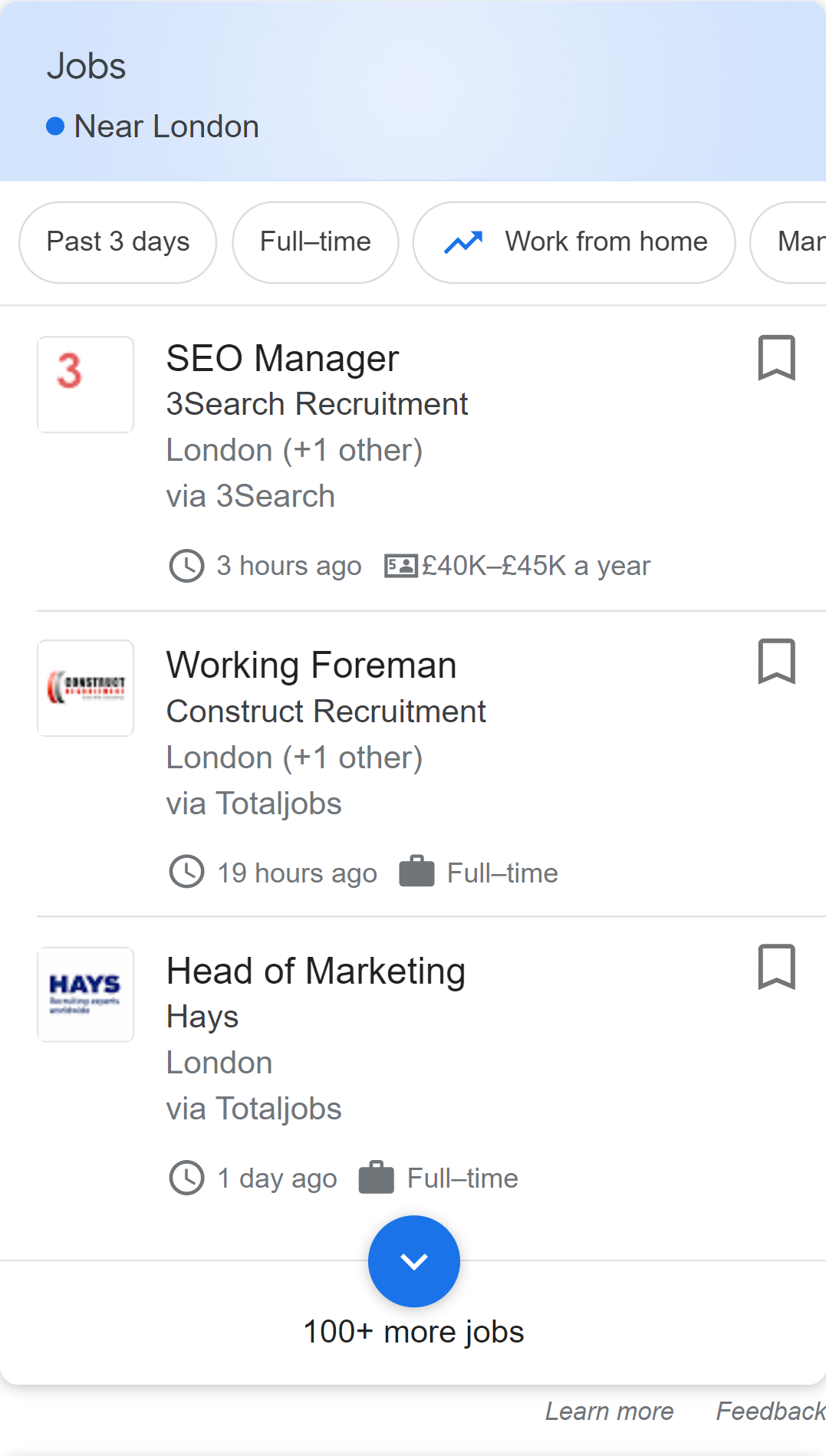 jobs listing example in Google search