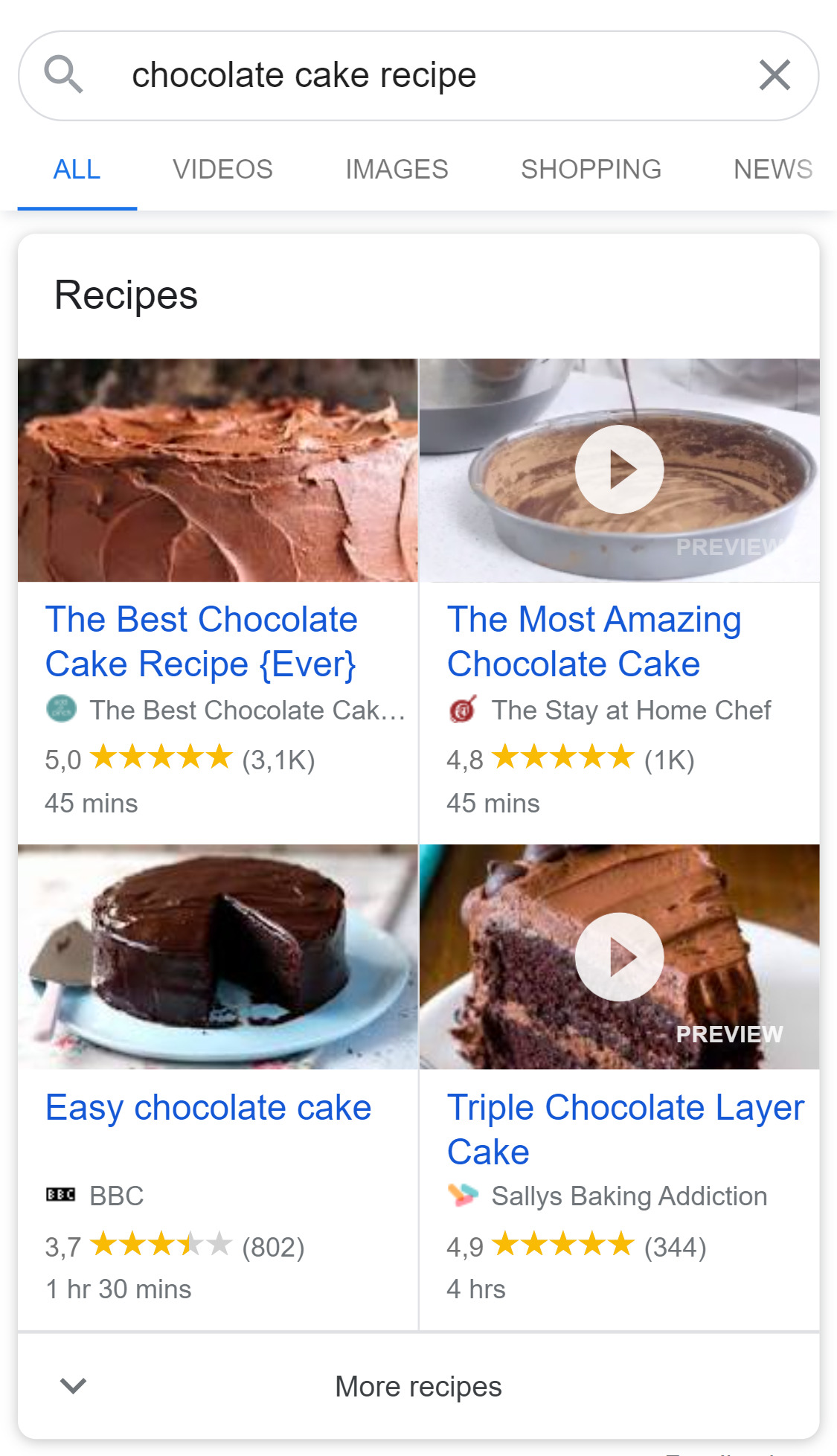 Recipe results in Google search results.