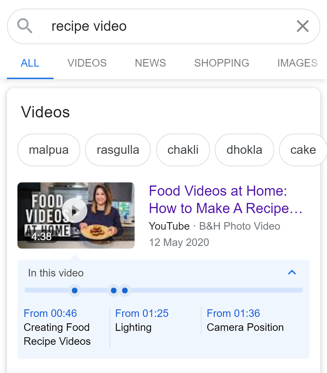 Example of structured data used in a video search result
