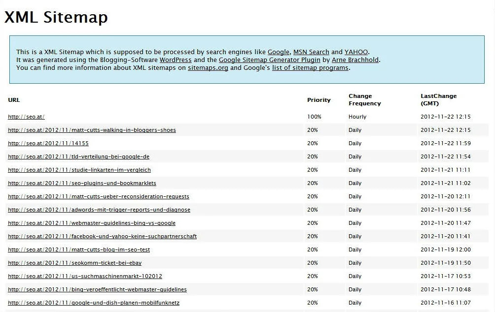 the file sitemap.xml of the domain seo.at in a browser