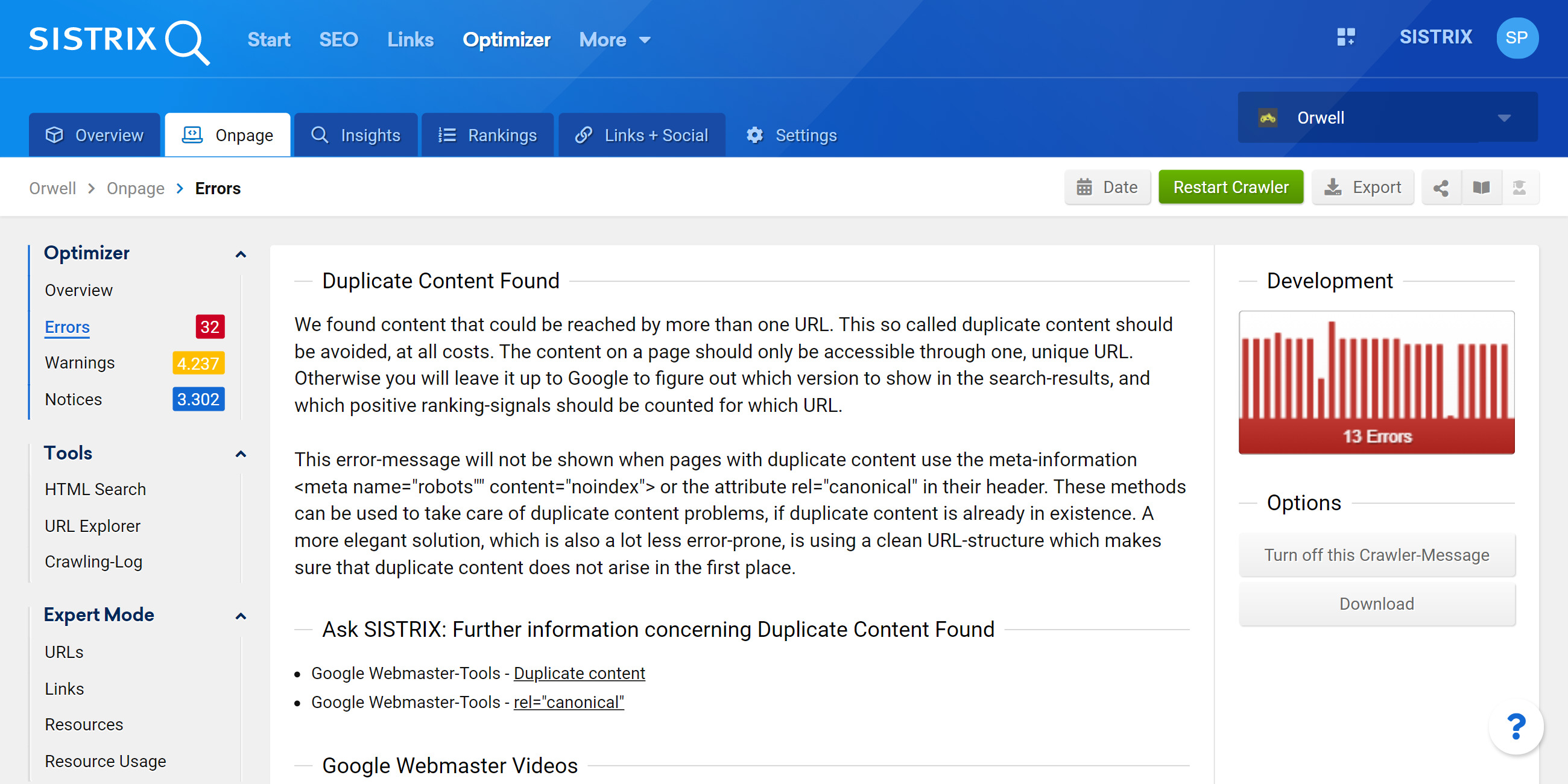 Onpage-optimisation: website analysis with the SISTRIX Optimizer