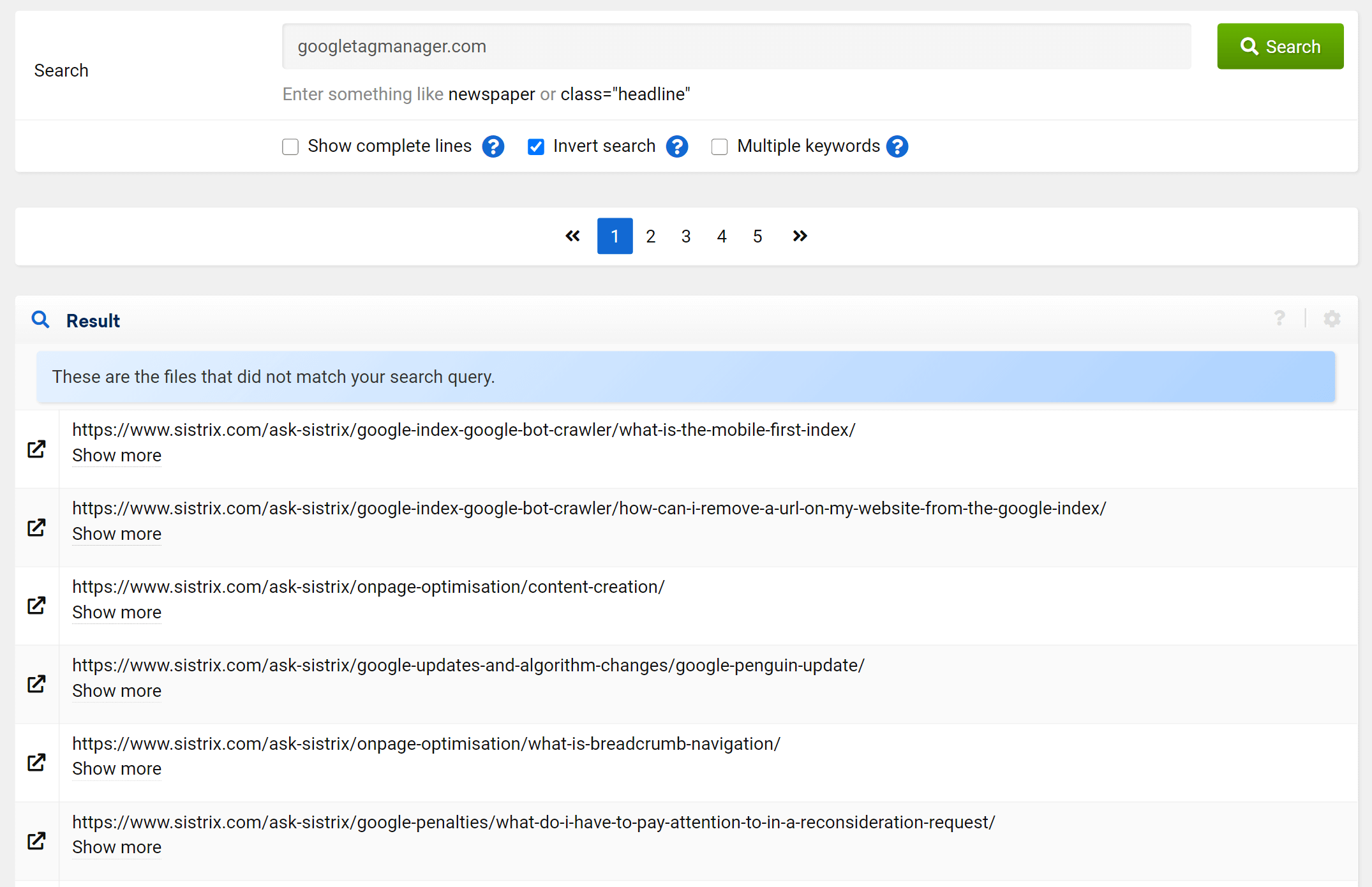 SISTRIX Optimizer Code Search with inverted search option for the phrase googletagmanager.com