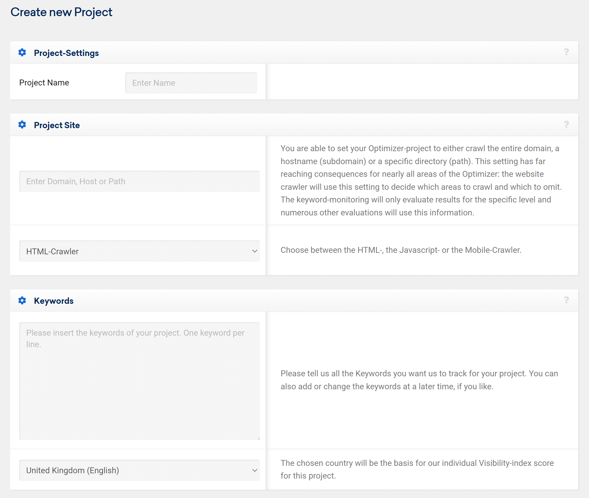 Create a new project in the Optimizer