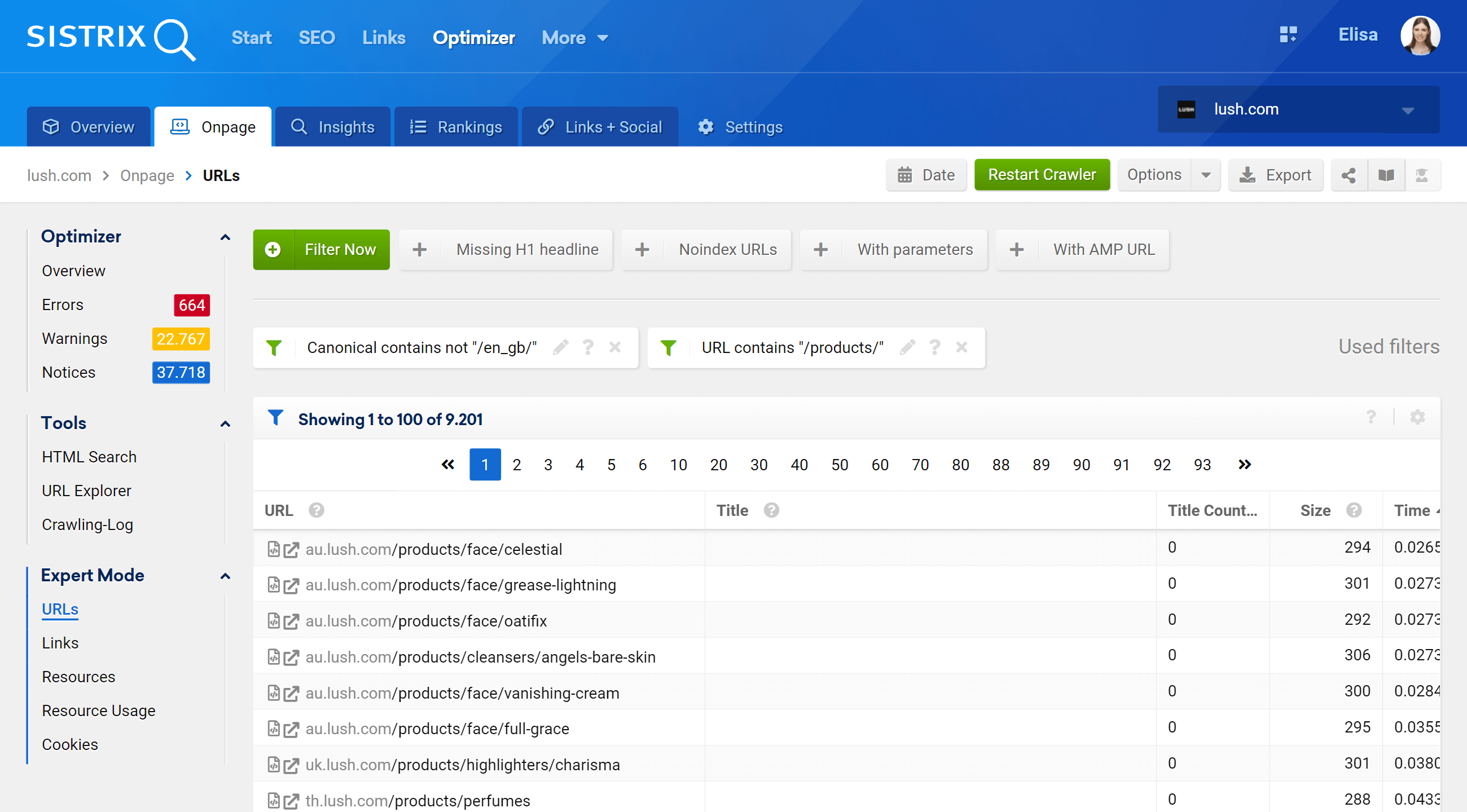 Filters in the URLs table