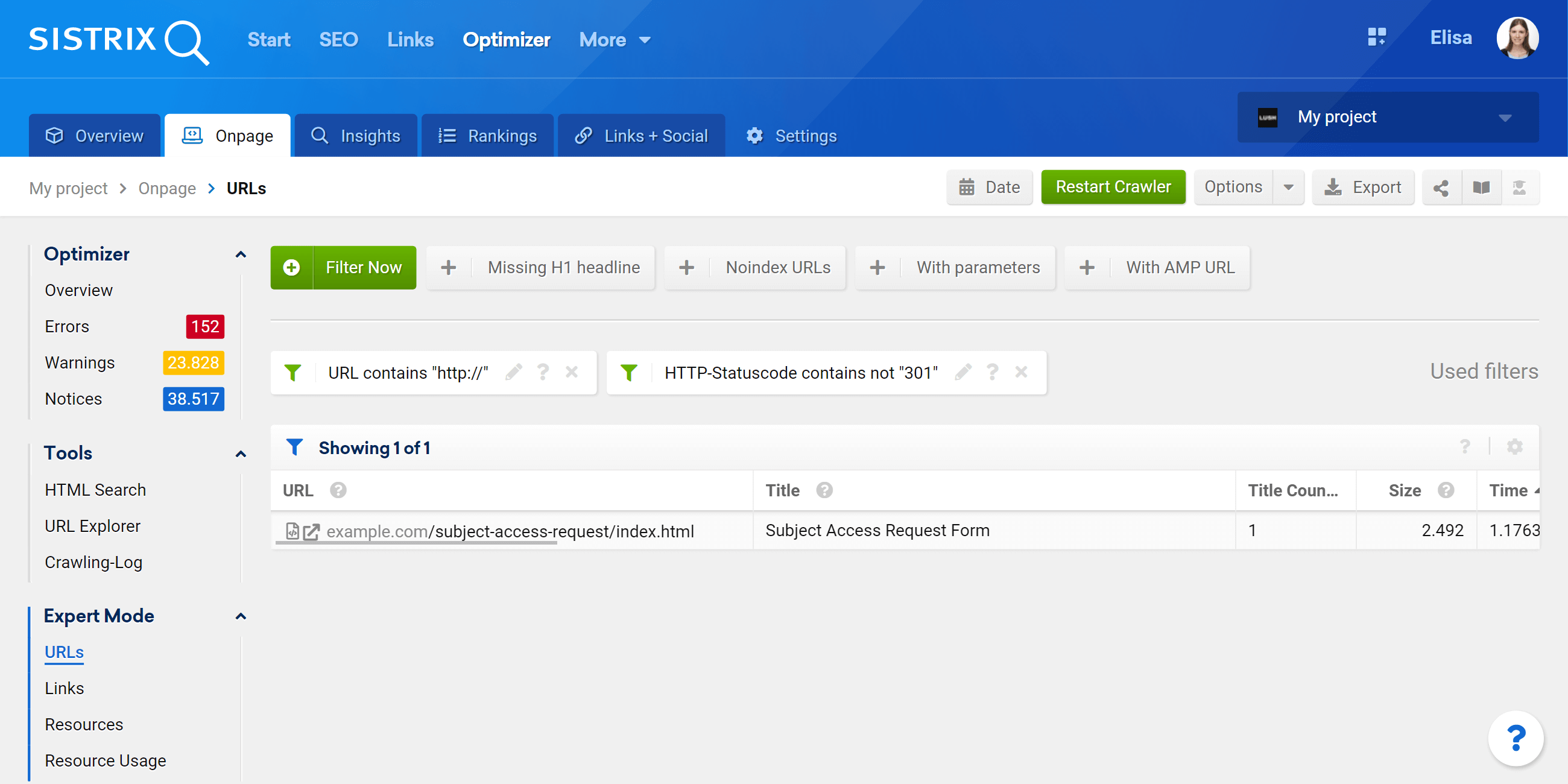 Optimizer expert mode filter for the crawled URLs