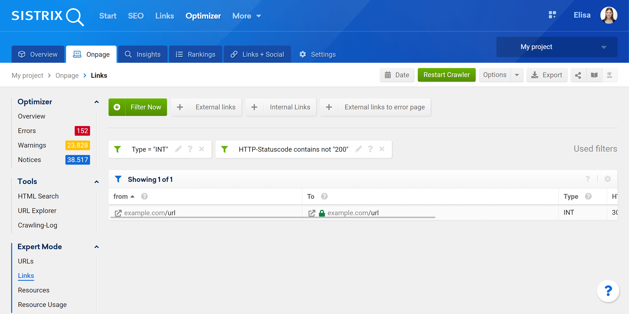 Optimizer expert mode filter for the crawled Links