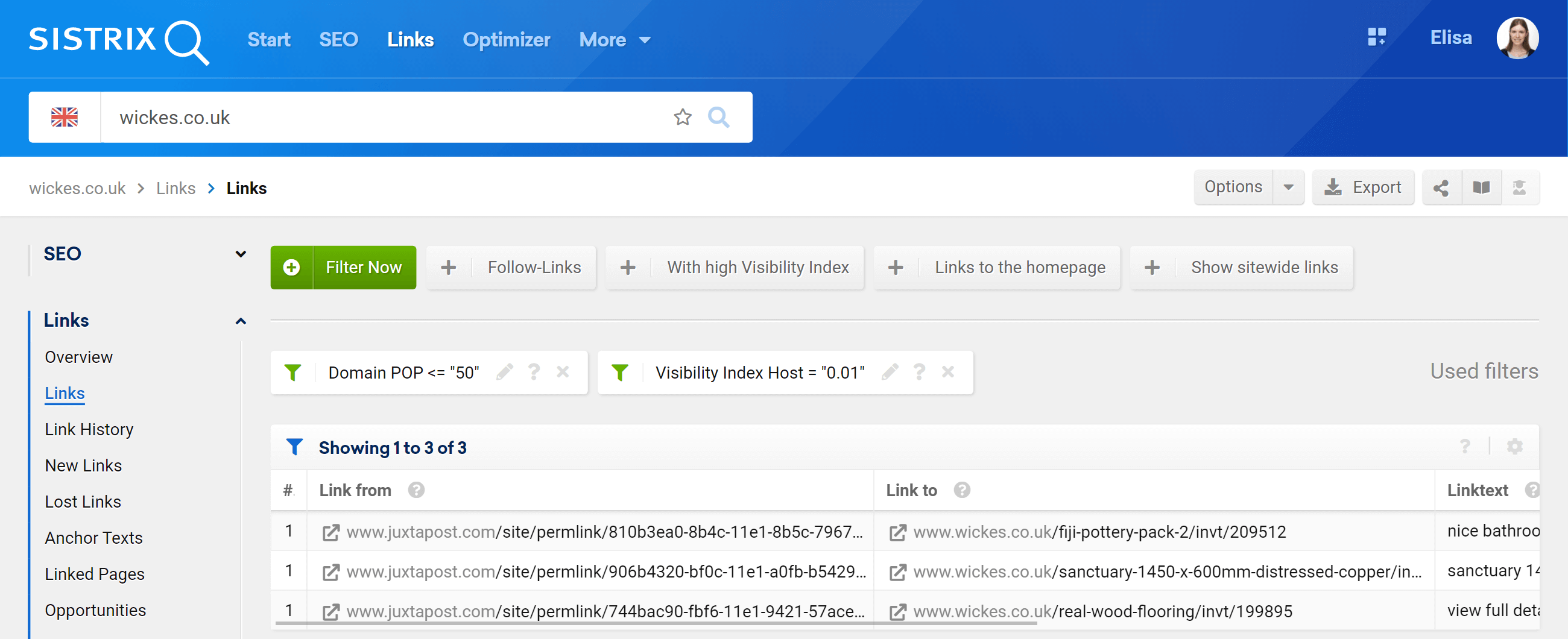 Combined filters, Domain Pop and Visibility Index of Host