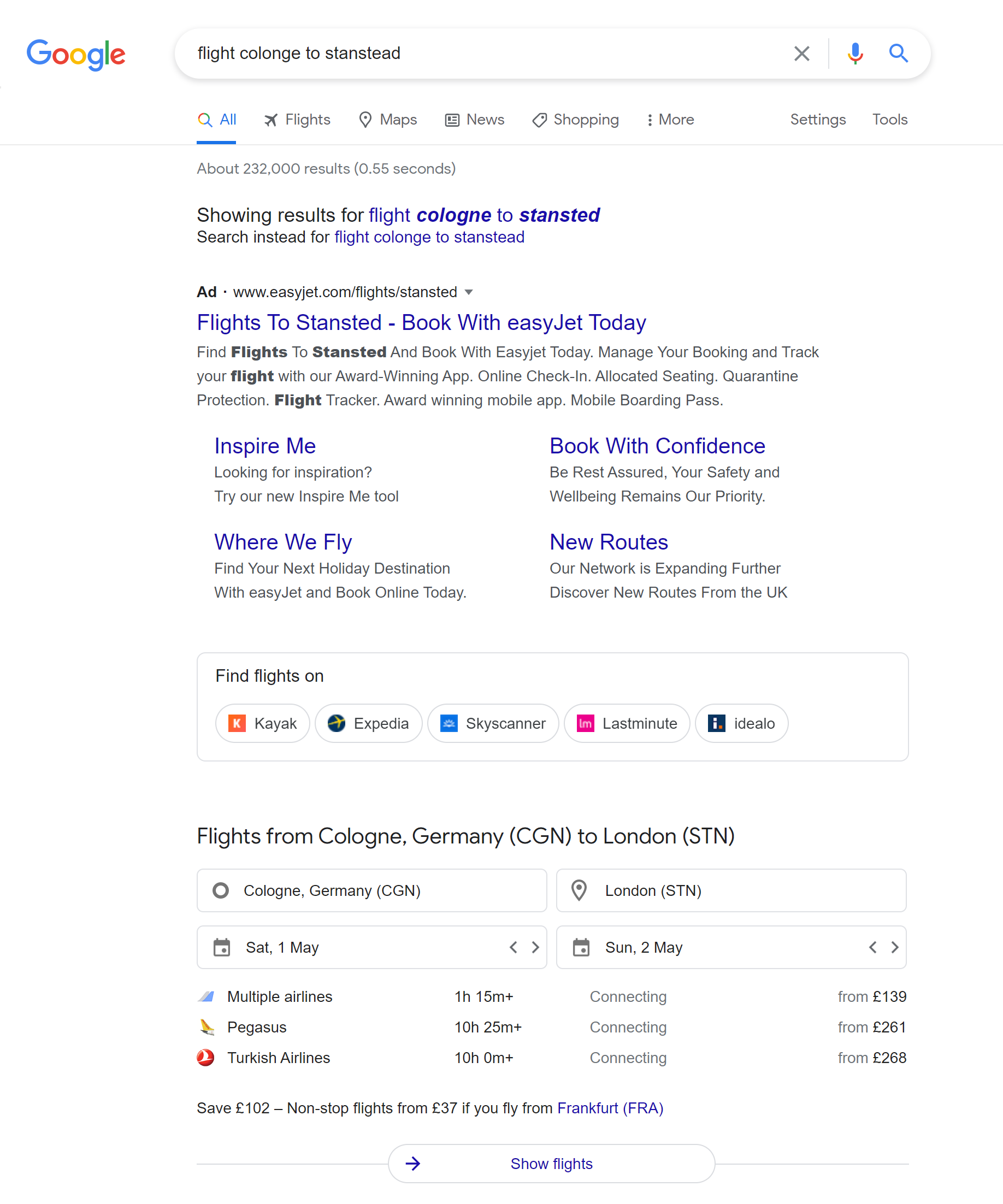 Google's flight search feature