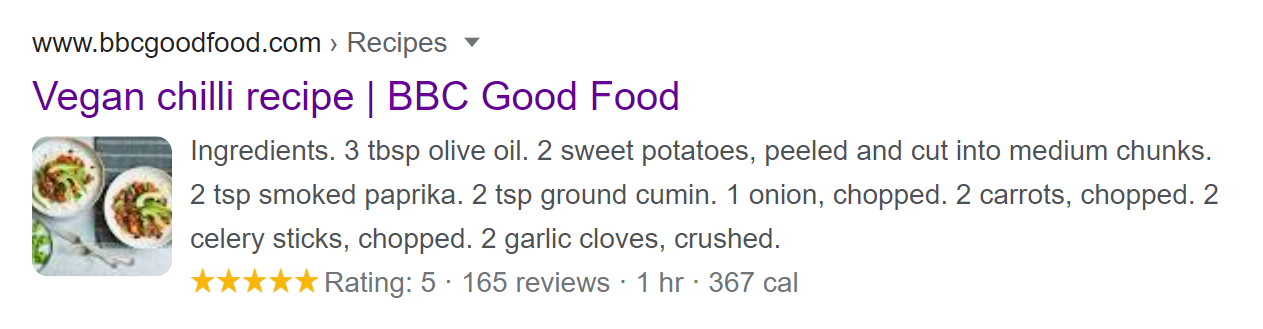 Example recipe SERP with structured data